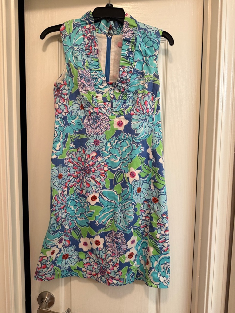 Lilly Pulitzer Adeline Shift Dress Blue Mayflower, Ruffle Accent Collar, Size 2